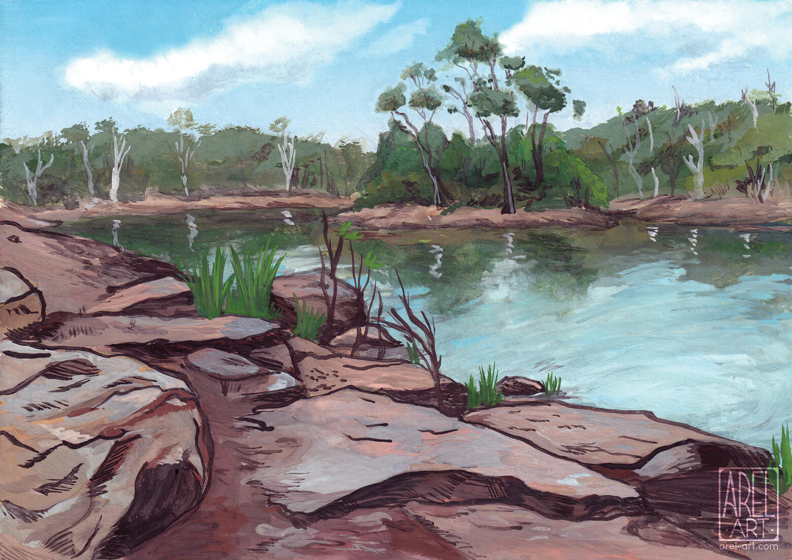 Gouache painting of an Australian lake, 2024.