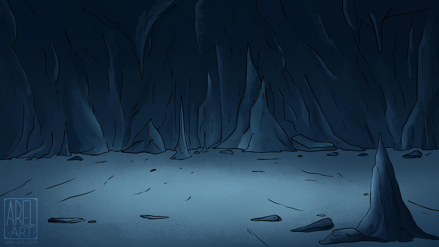 A digital painting of a dark blue cave background.
