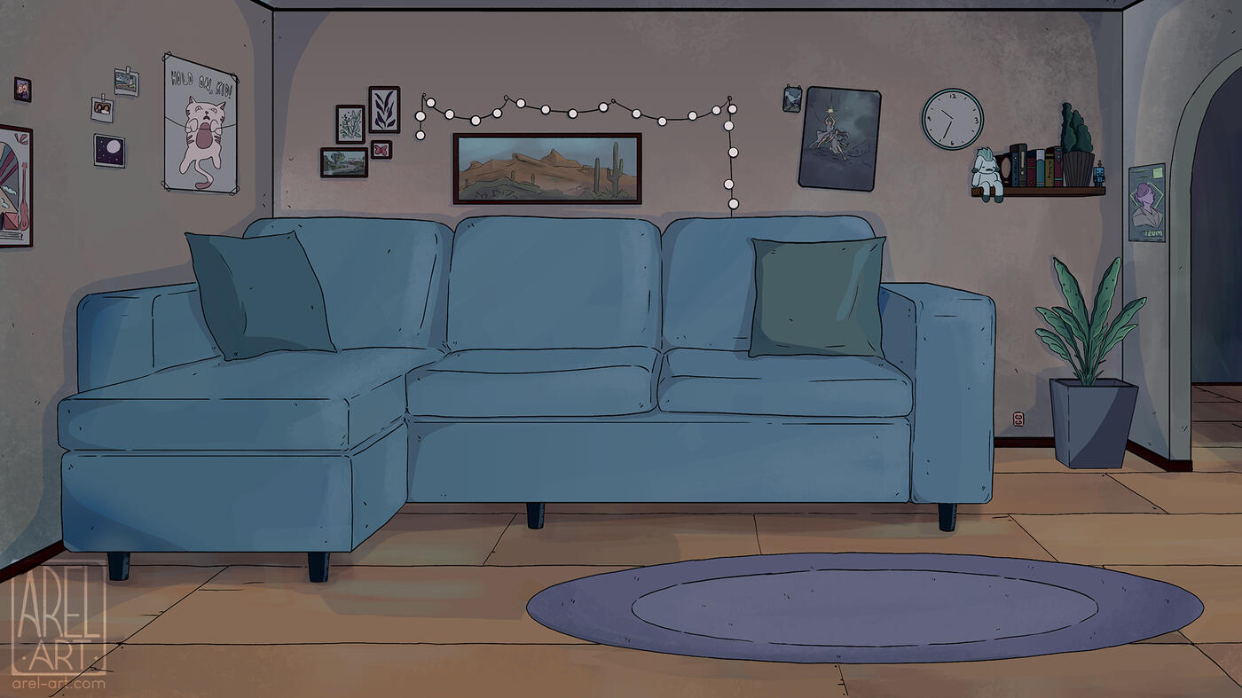 A digital painting of a lounge room for an animation project. There is a large blue couch on a light brown wooden floor, with a round purple rug in the centre of the room. There are fairy lights, paintings, and posters on the walls, and a plant in the corn